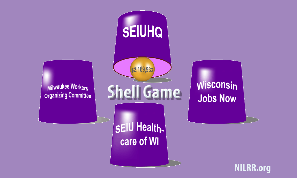 A group of purple cups with the words seiuhq, seiu health care of wi and shell game written on them.
