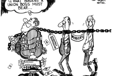 A cartoon of three men hanging from chains.