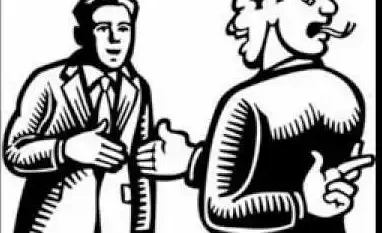 A black and white drawing of two people talking