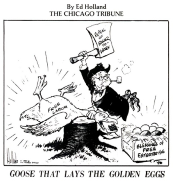 A cartoon of an old man chopping down trees.