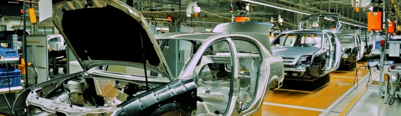 A car assembly line with cars in the process of being built.