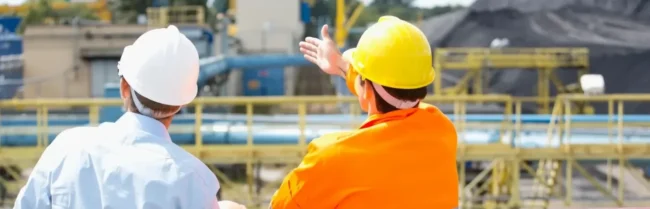 Two men in orange and white hard hats looking at a construction site.