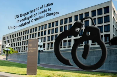 A large building with a sign and sculpture in front of it.