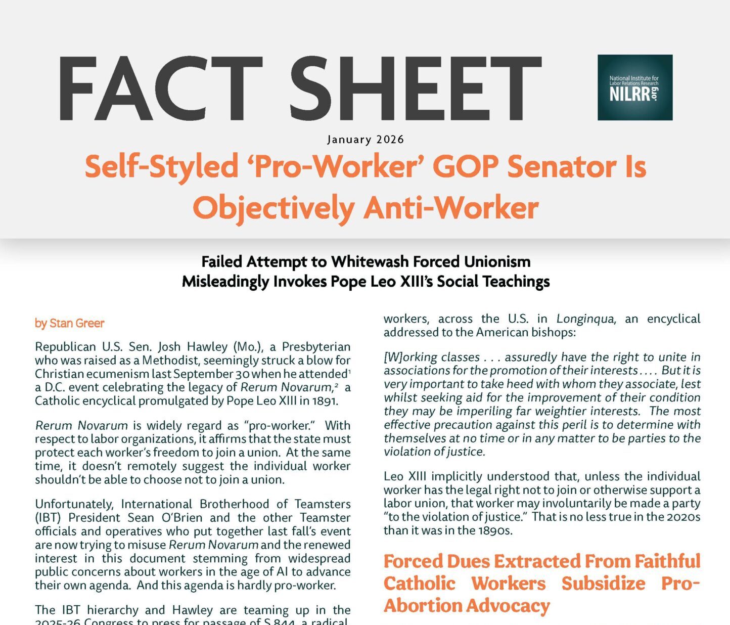 Fact Sheet 2026 Josh Hawley and forced dues