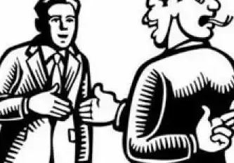 A black and white drawing of two people talking