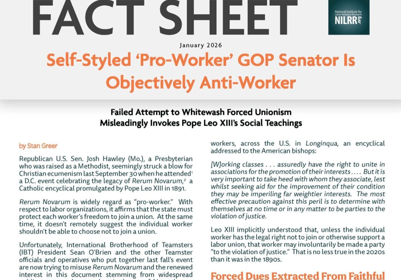 Fact Sheet 2026 Josh Hawley and forced dues