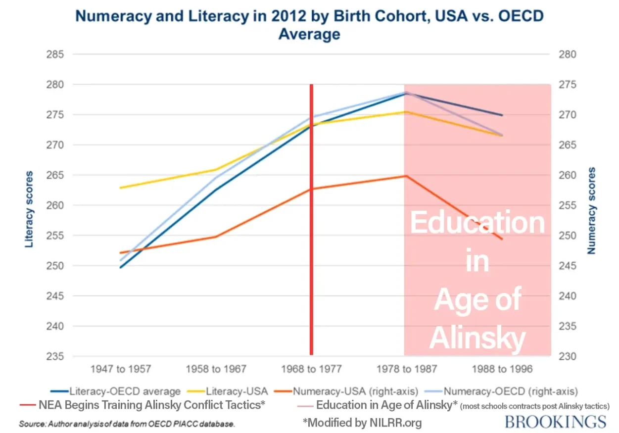 A line graph showing the number of literacy and numeracy classes in 2 0 1 2 by birth cohort, usa vs. Oecd average