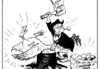 A cartoon of an old man chopping down trees.