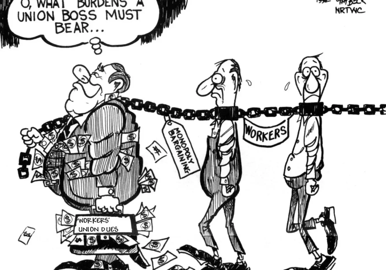 monopoly bargaining A cartoon of three men hanging from chains.