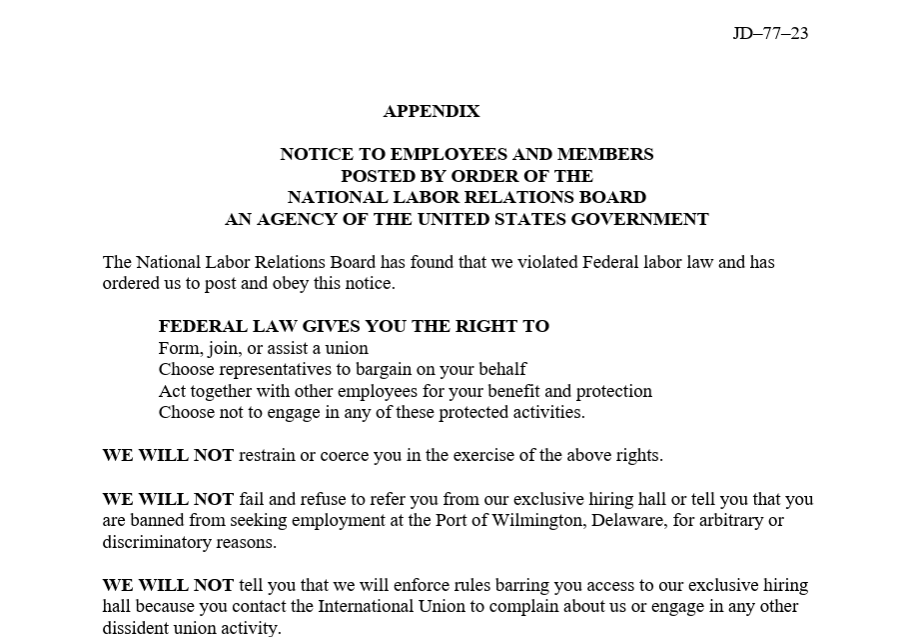 NLRB Decision and Order in International Longshoremen’s Association Local 1694 (GT USA Wilmington, LLC), 374 NLRB No. 90 (2026)