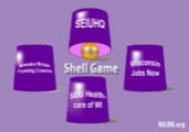 A group of purple cups with the words seiuhq, seiu health care of wi and shell game written on them.